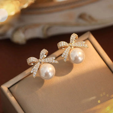 Needle Bow Studded With Diamond Pearl Earrings